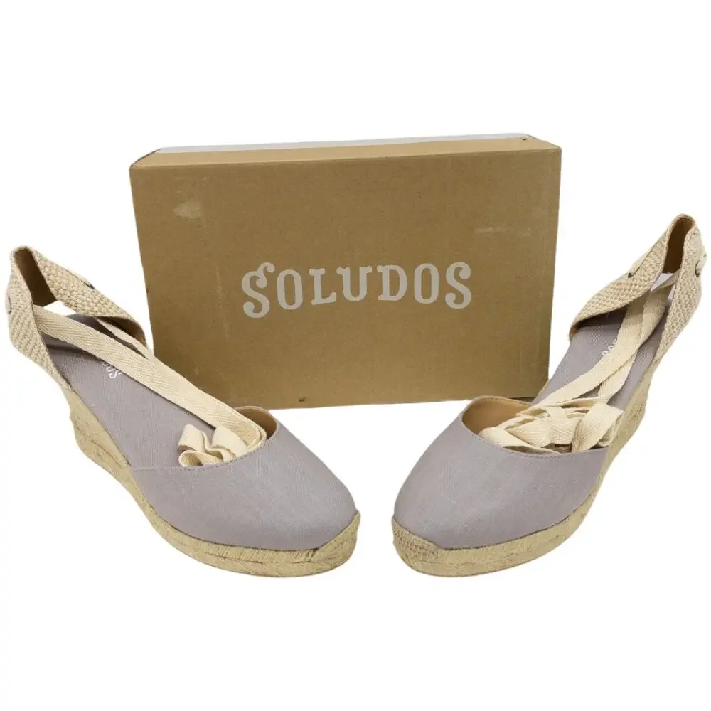 Soludos Tall Wedge Espadrille Women's 9.5 Gray Linen Ankle Tie Jute Heel